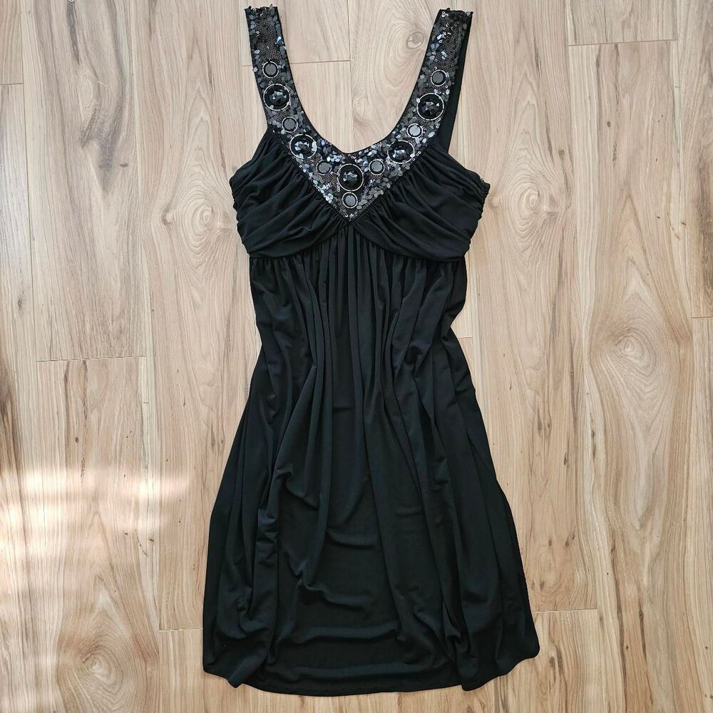 Maggy L black grunge babydoll dress with sequin embellishments and ruched detail